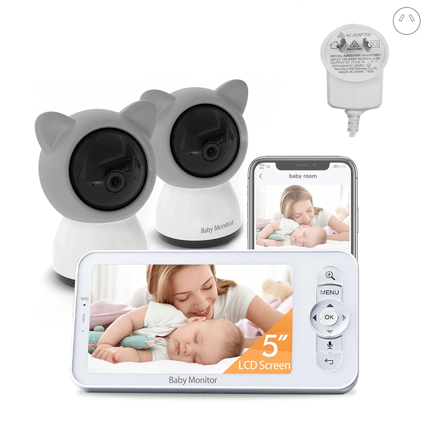 VRYNTO Smart Baby Monitor - 5" 1080P HD Display, 3000mAh Battery, Night Vision & Dual-Band Connection