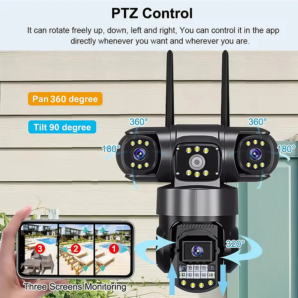 12MP WiFi PTZ Outdoor Security Camera - 3-Lens & 3-Screen Display, AI Motion Tracking & Two-Way Audio | V380 Pro App
