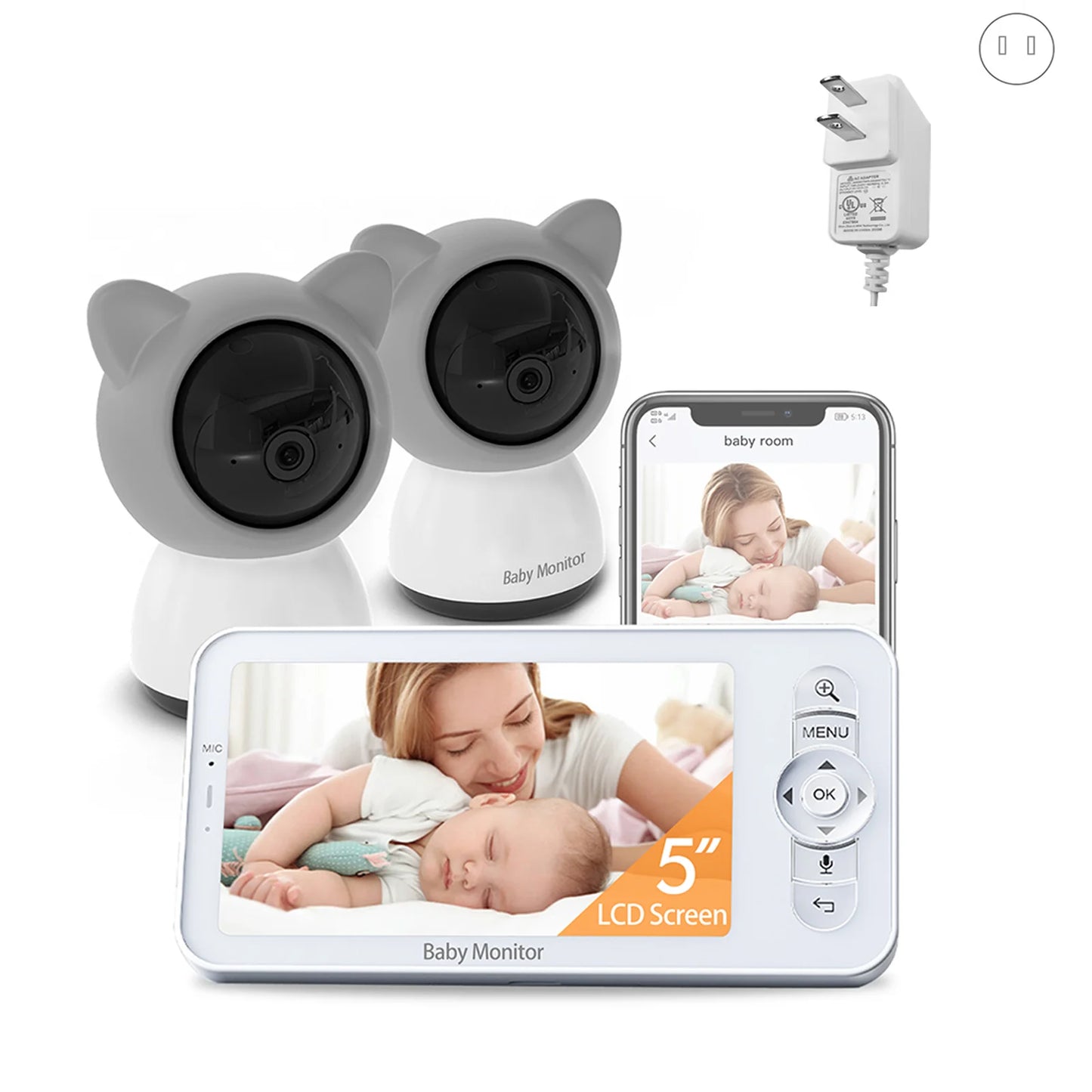 VRYNTO Smart Baby Monitor - 5" 1080P HD Display, 3000mAh Battery, Night Vision & Dual-Band Connection