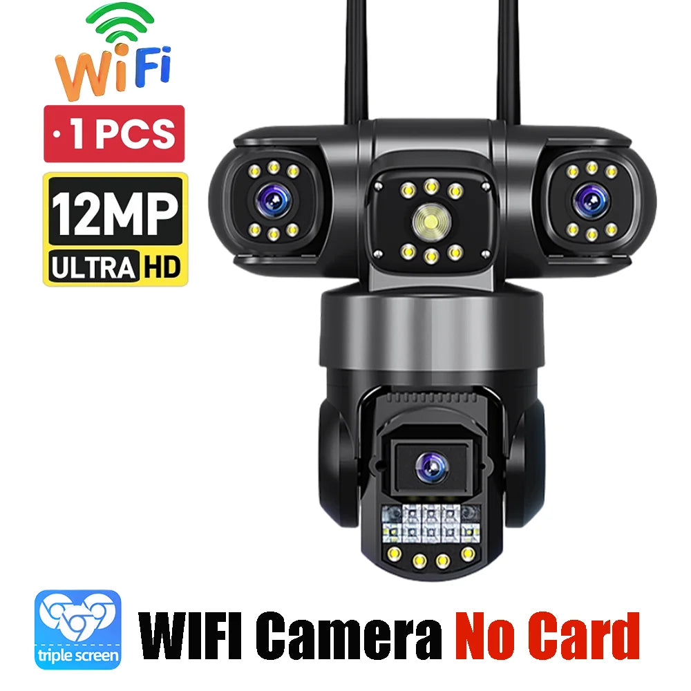 12MP WiFi PTZ Outdoor Security Camera - 3-Lens & 3-Screen Display, AI Motion Tracking & Two-Way Audio | V380 Pro App