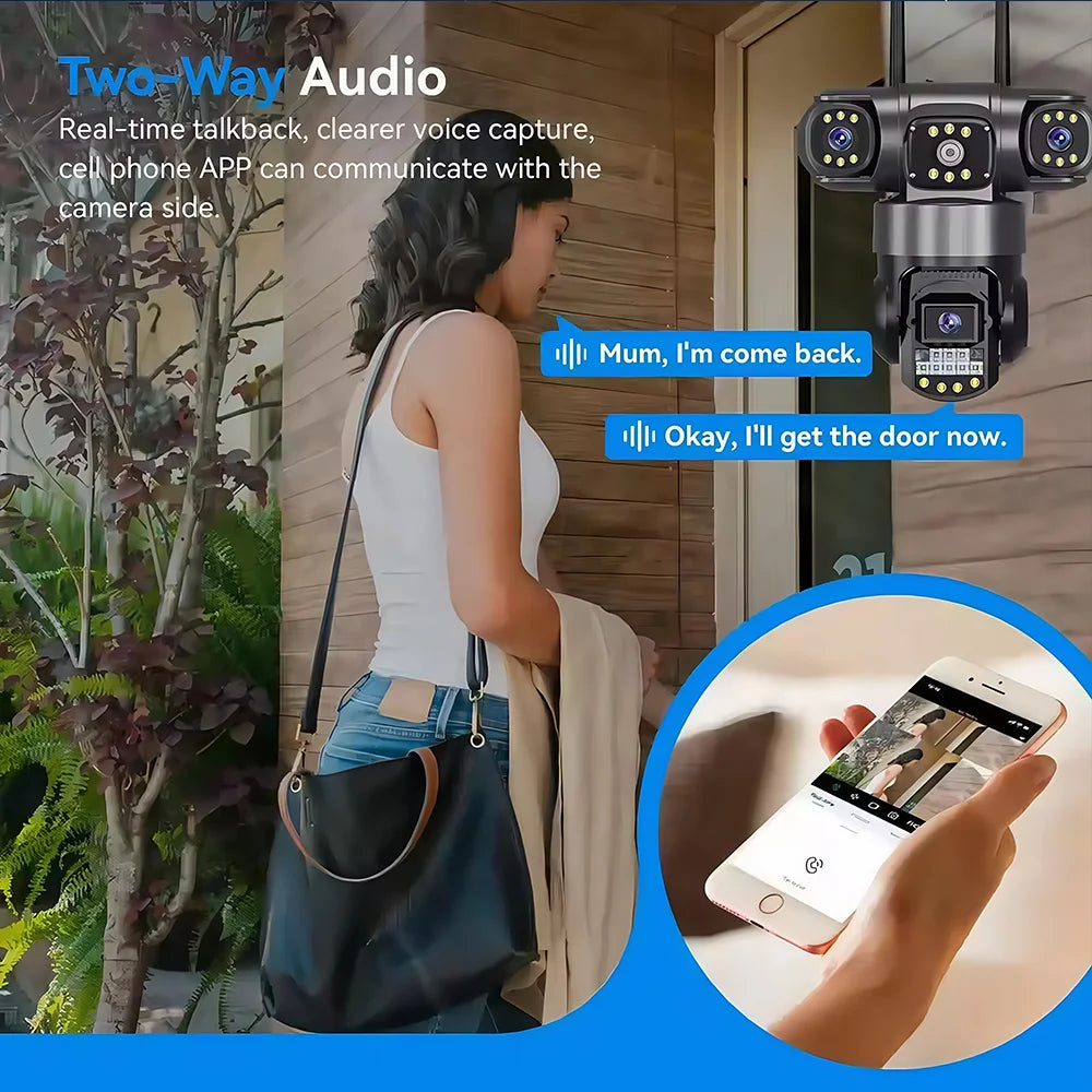 12MP WiFi PTZ Outdoor Security Camera - 3-Lens & 3-Screen Display, AI Motion Tracking & Two-Way Audio | V380 Pro App