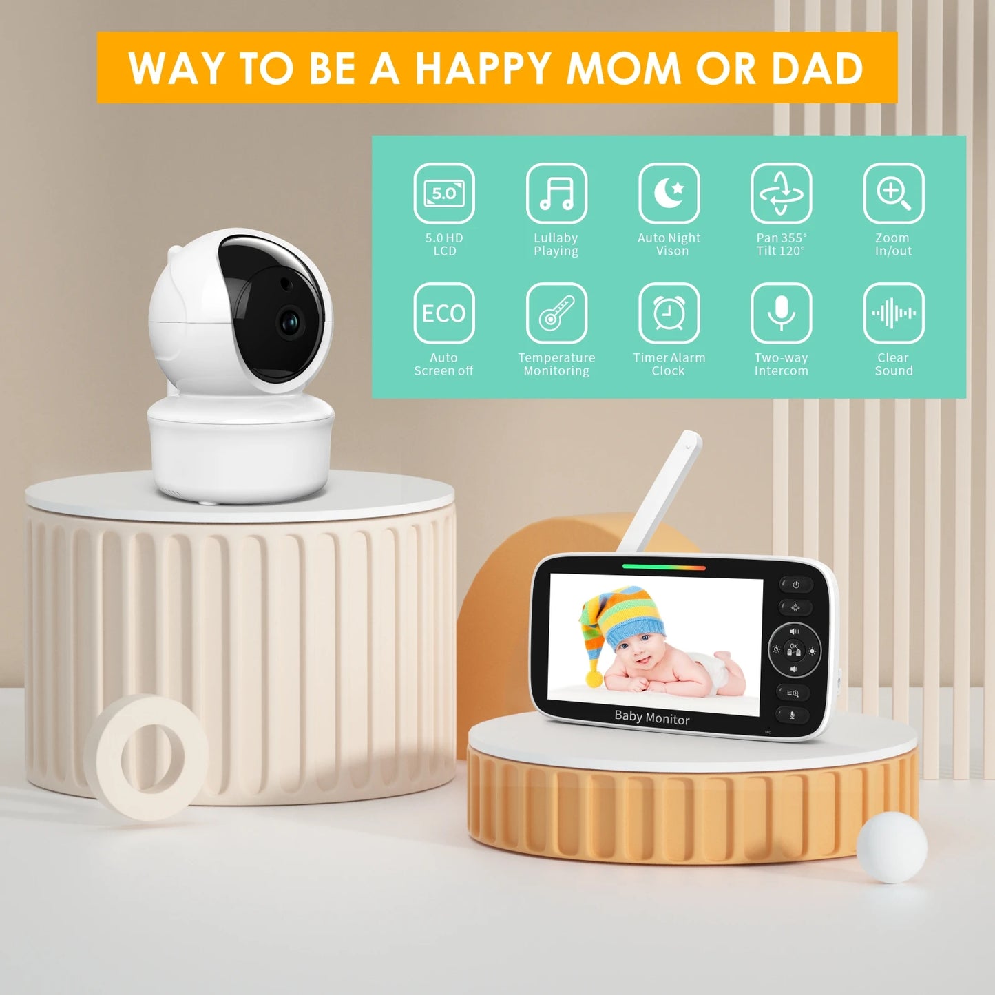 VRYNTO™ 5" HD Video Baby Monitor – 360° Remote PTZ Camera with Night Vision