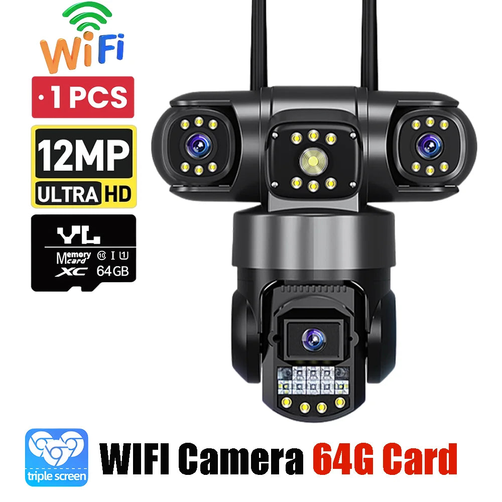 12MP WiFi PTZ Outdoor Security Camera - 3-Lens & 3-Screen Display, AI Motion Tracking & Two-Way Audio | V380 Pro App