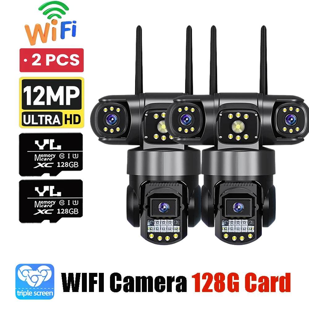 12MP WiFi PTZ Outdoor Security Camera - 3-Lens & 3-Screen Display, AI Motion Tracking & Two-Way Audio | V380 Pro App