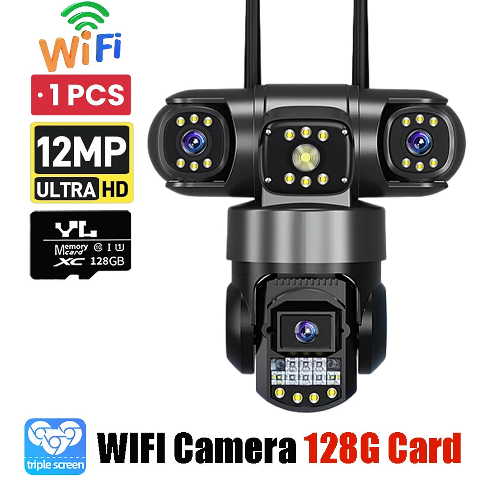 12MP WiFi PTZ Outdoor Security Camera - 3-Lens & 3-Screen Display, AI Motion Tracking & Two-Way Audio | V380 Pro App