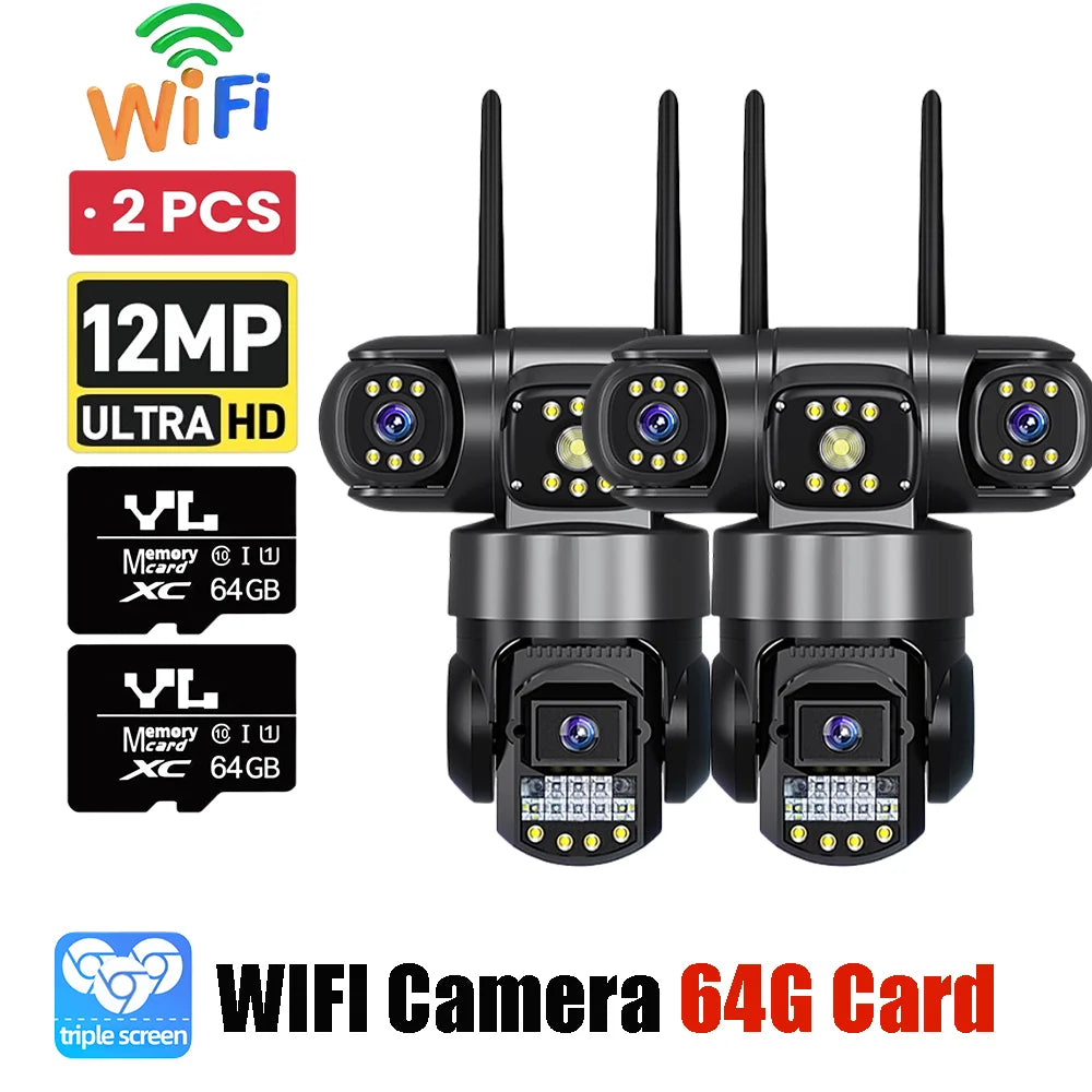 12MP WiFi PTZ Outdoor Security Camera - 3-Lens & 3-Screen Display, AI Motion Tracking & Two-Way Audio | V380 Pro App
