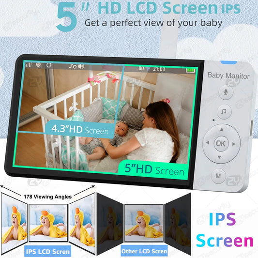 Premium 5" HD Baby Monitor with PTZ Camera - 5000mAh Battery, VOX Mode, Night Vision & Two-Way Talk - No WiFi Needed (Secure & Private