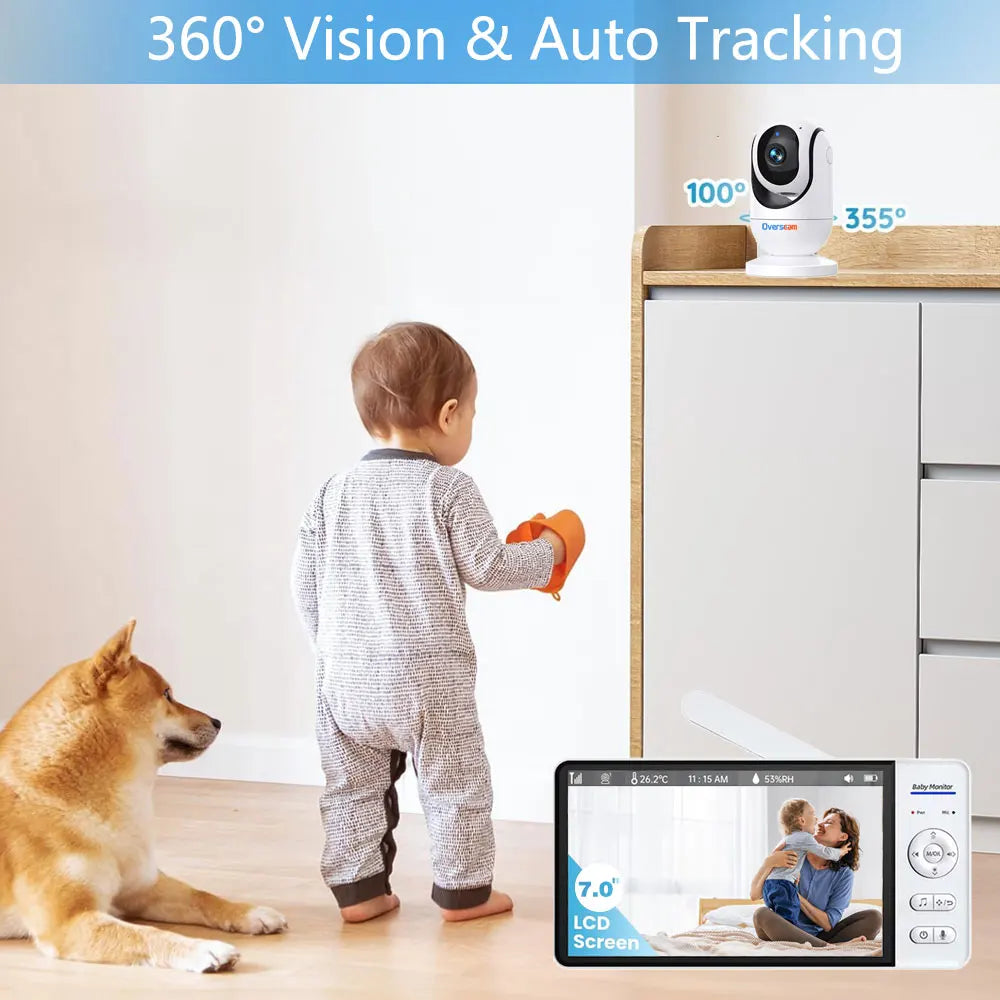 VRYNTO™ 7" Large HD Video Baby Monitor – 5000mAh Battery with 360° Auto Tracking