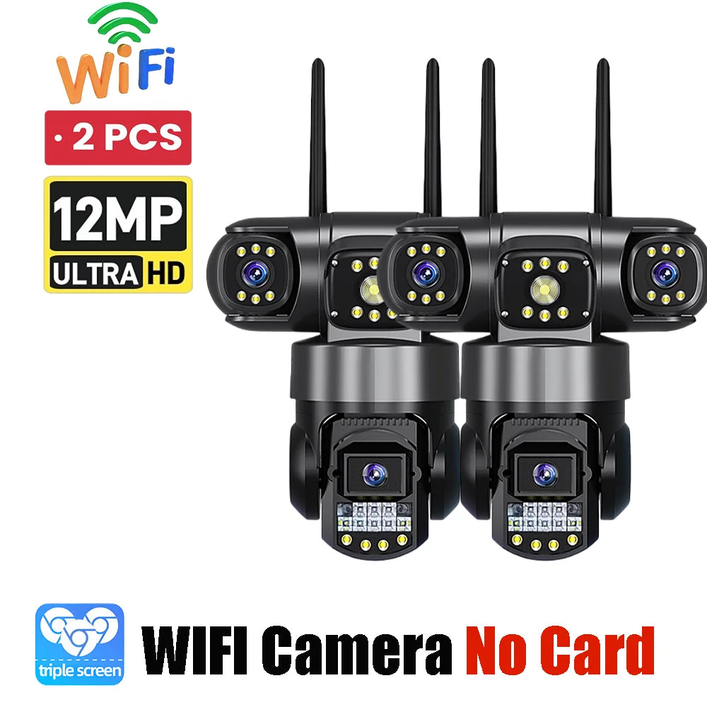 12MP WiFi PTZ Outdoor Security Camera - 3-Lens & 3-Screen Display, AI Motion Tracking & Two-Way Audio | V380 Pro App