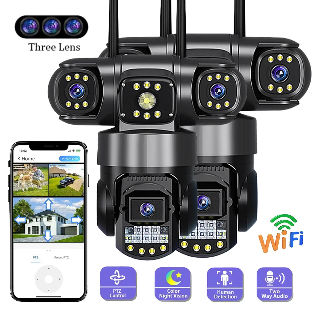 12MP WiFi PTZ Outdoor Security Camera - 3-Lens & 3-Screen Display, AI Motion Tracking & Two-Way Audio | V380 Pro App