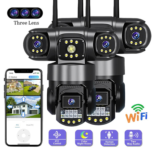 12MP WiFi PTZ Outdoor Security Camera - 3-Lens & 3-Screen Display, AI Motion Tracking & Two-Way Audio | V380 Pro App