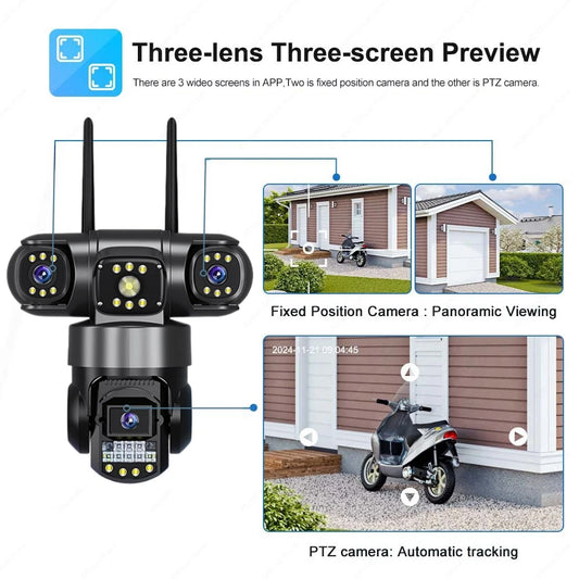 12MP WiFi PTZ Outdoor Security Camera - 3-Lens & 3-Screen Display, AI Motion Tracking & Two-Way Audio | V380 Pro App