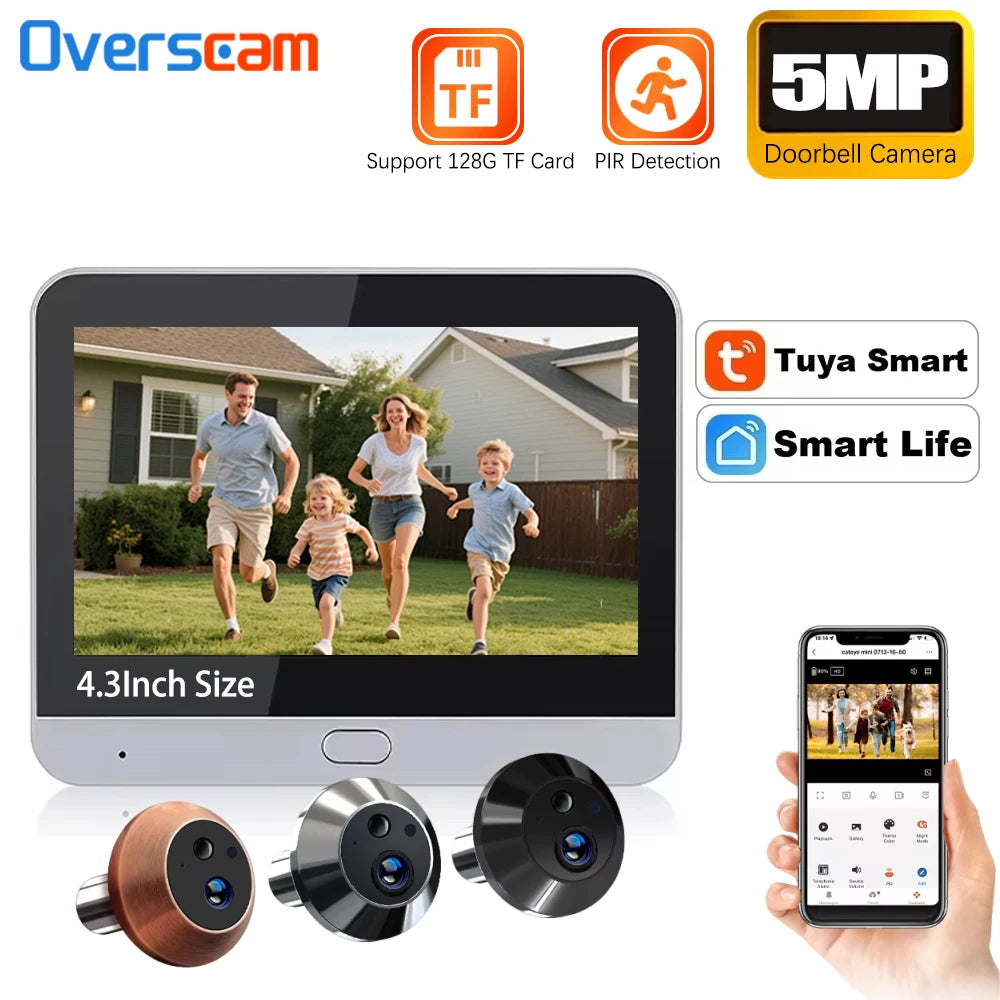 VRYNTO 5MP Smart WiFi Digital Door Viewer – 4.3" LCD Screen, PIR Motion Detection & Tuya Smart Life App Control