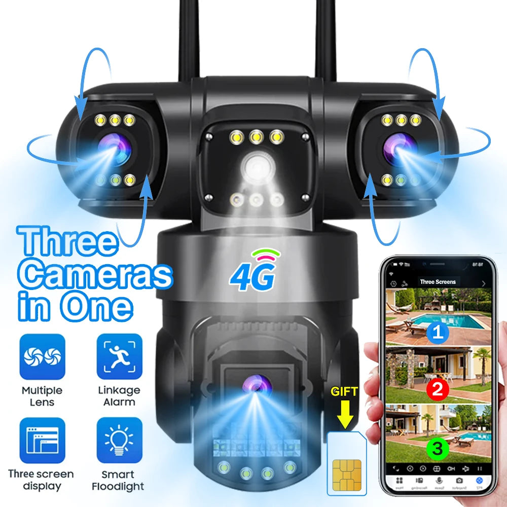 12MP 4G LTE Smart Security Camera with SIM Card Slot - 3-in-1 Multi-Lens, Color Night Vision | V380 Pro App
