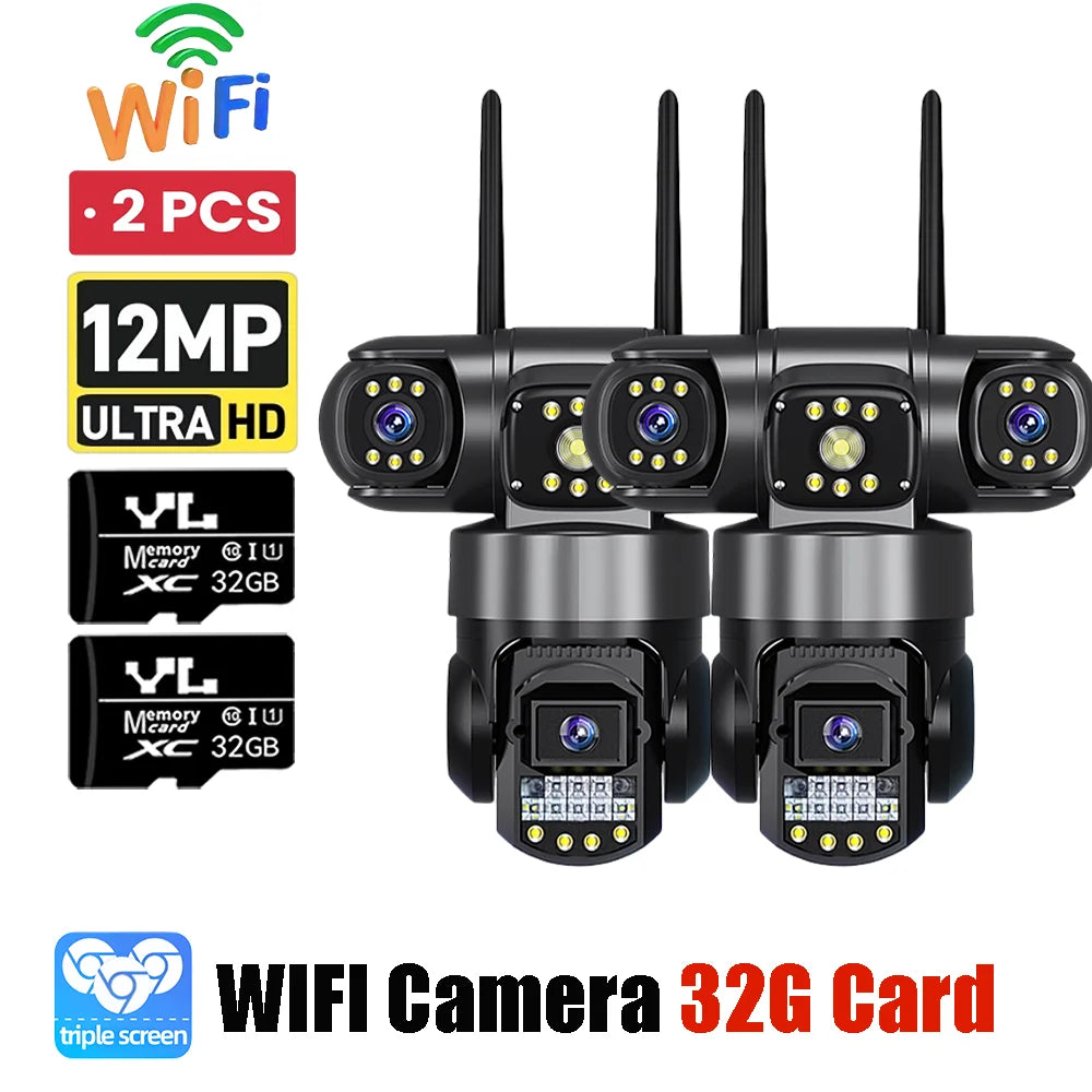 12MP WiFi PTZ Outdoor Security Camera - 3-Lens & 3-Screen Display, AI Motion Tracking & Two-Way Audio | V380 Pro App