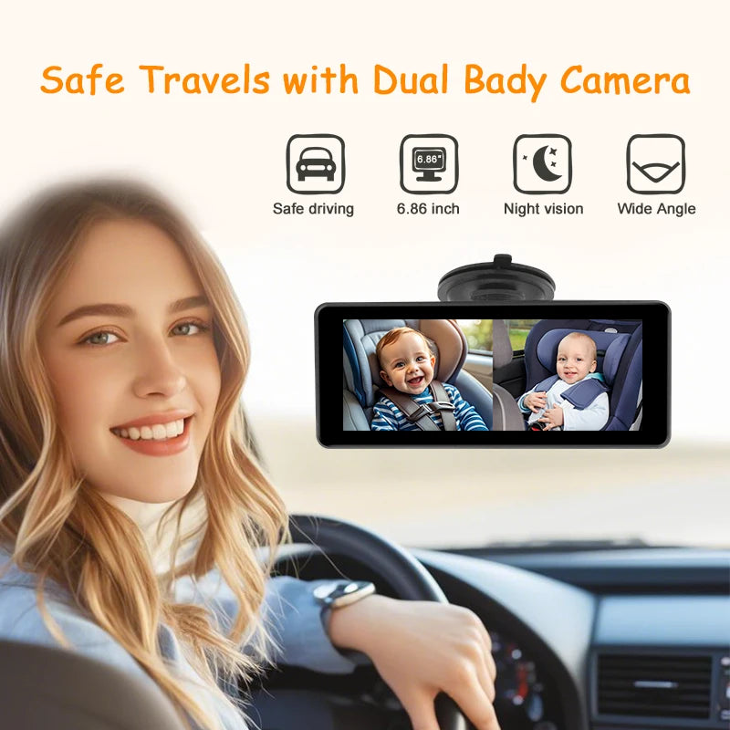 VRYNTO 6.86" Dual HD Baby Car Monitor - Wide IPS Screen for Backseat Safety & Crystal Clear Night Vision